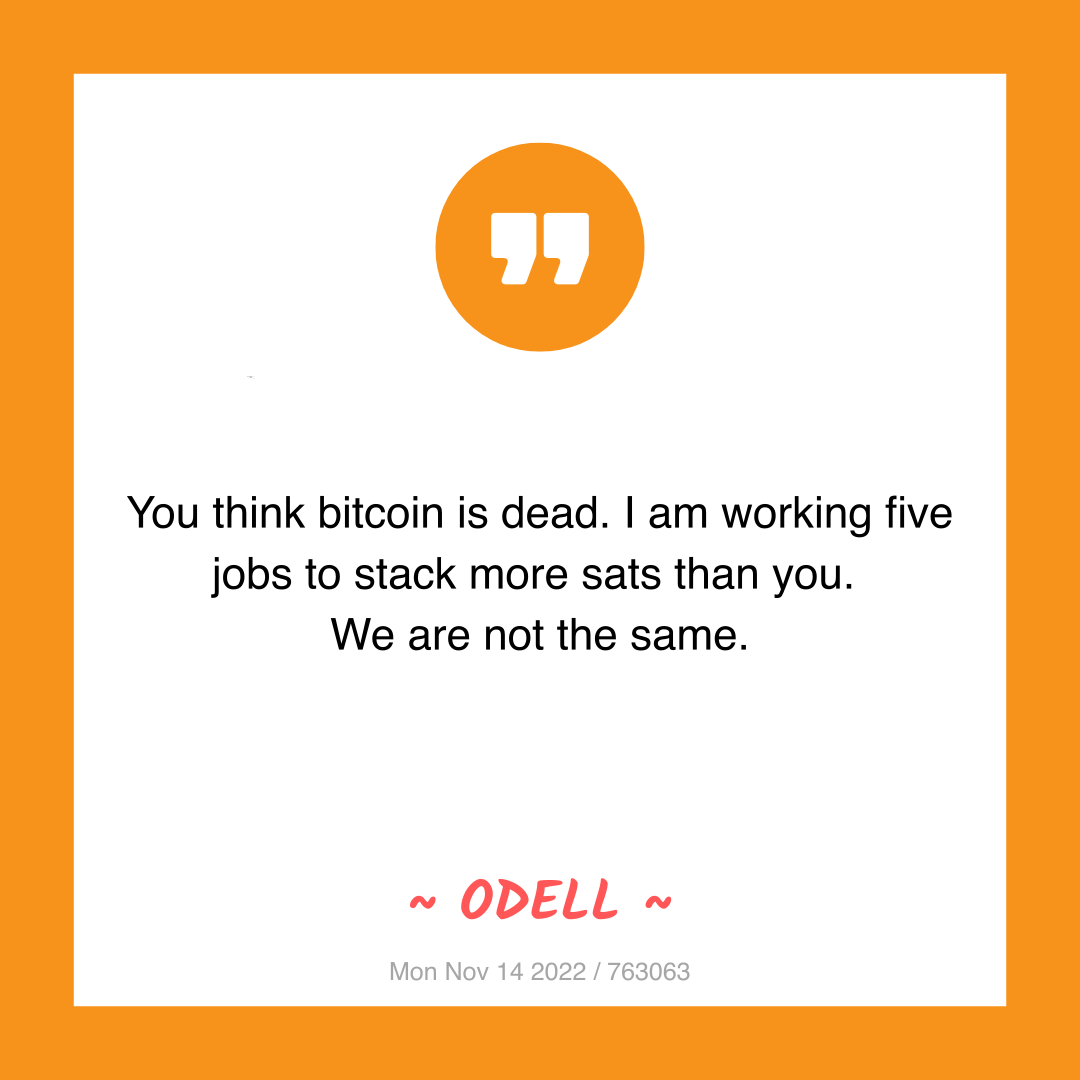 You think bitcoin is dead. I am working five jobs to stack more sats than you.
We are not the same.