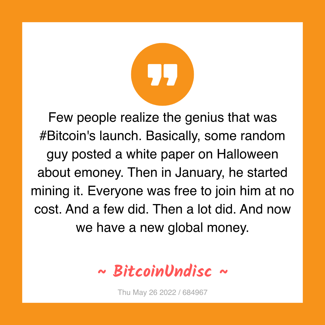 Few people realize the genius that was #Bitcoin's launch. Basically, some random guy posted a white paper on Halloween about emoney. Then in January, he started mining it. Everyone was free to join him at no cost. And a few did. Then a lot did. And now we have a new global money.