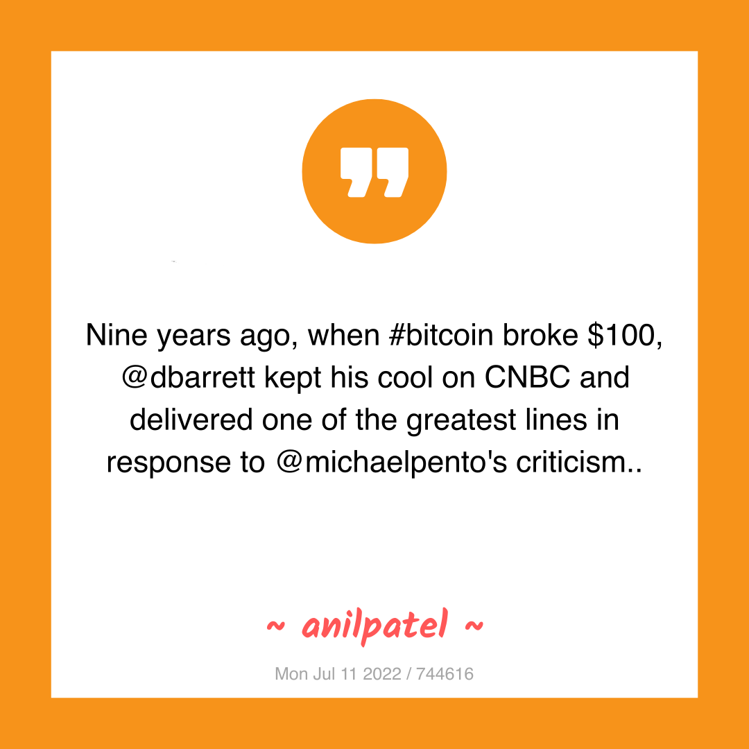 Nine years ago, when #bitcoin broke $100, @dbarrett kept his cool on CNBC and delivered one of the greatest lines in response to @michaelpento's criticism..