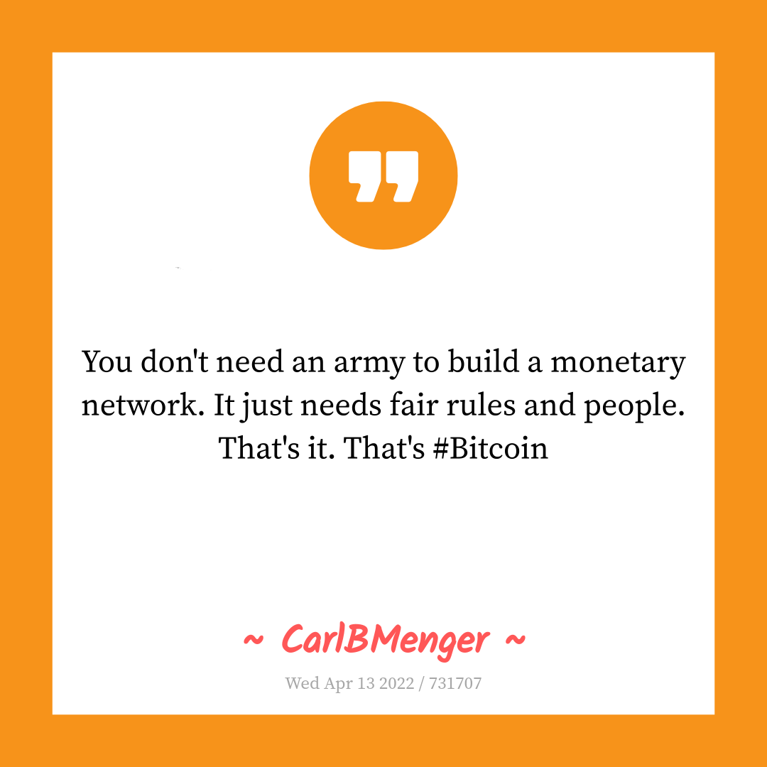 You don't need an army to build a monetary network. It just needs fair rules and people. That's it. That's #Bitcoin