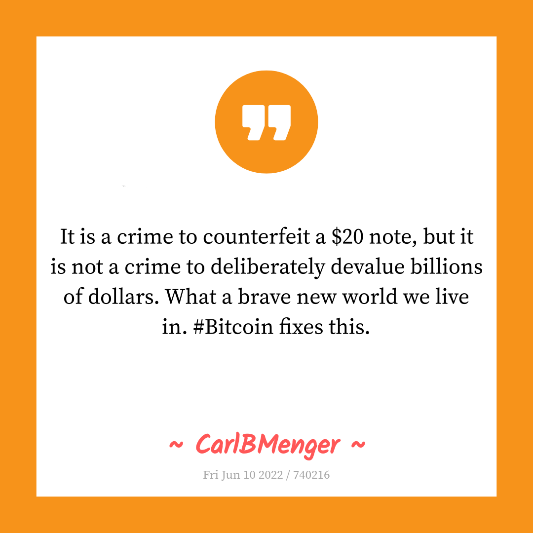 It is a crime to counterfeit a $20 note, but it is not a crime to deliberately devalue billions of dollars. What a brave new world we live in. #Bitcoin fixes this.