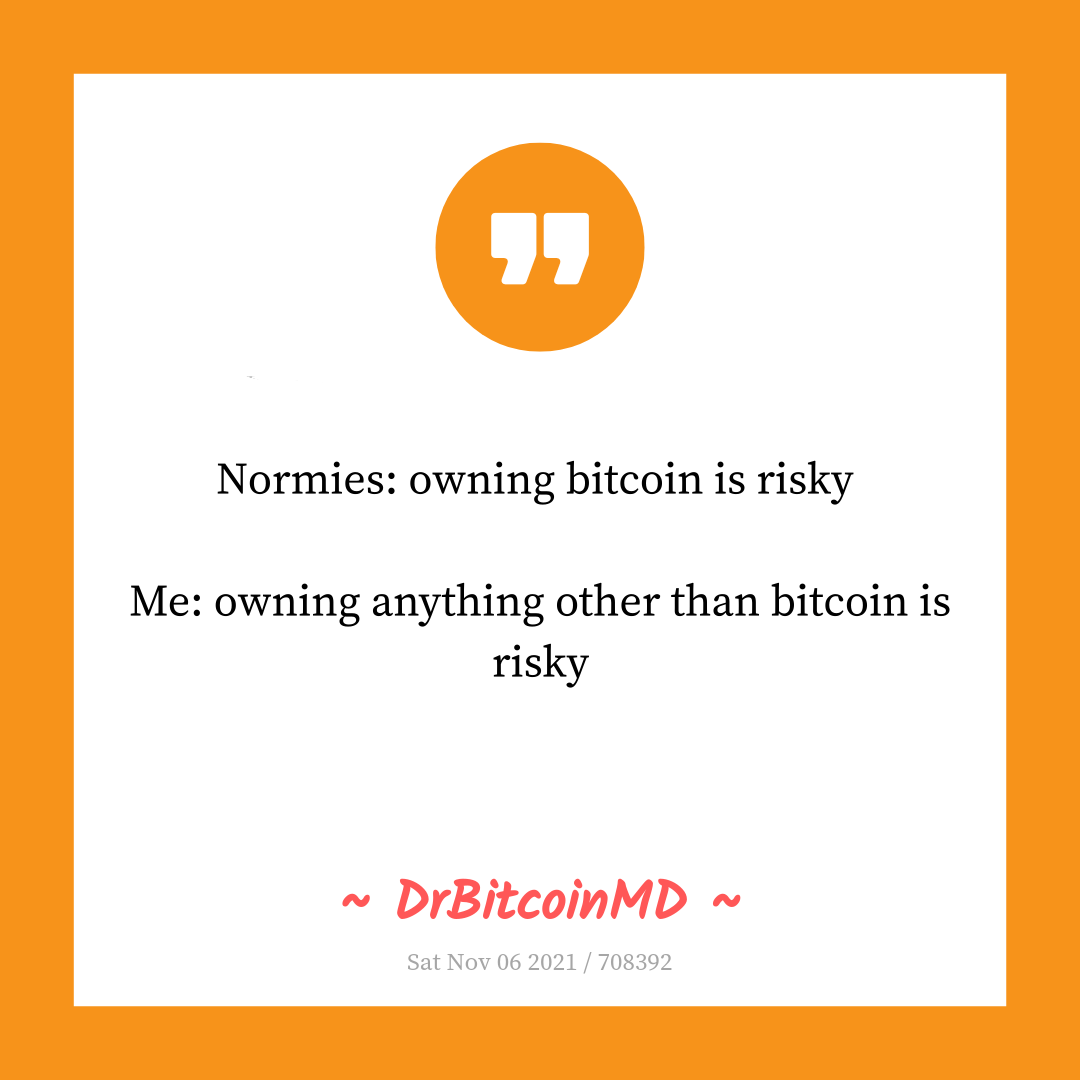 Normies: owning bitcoin is risky

Me: owning anything other than bitcoin is risky